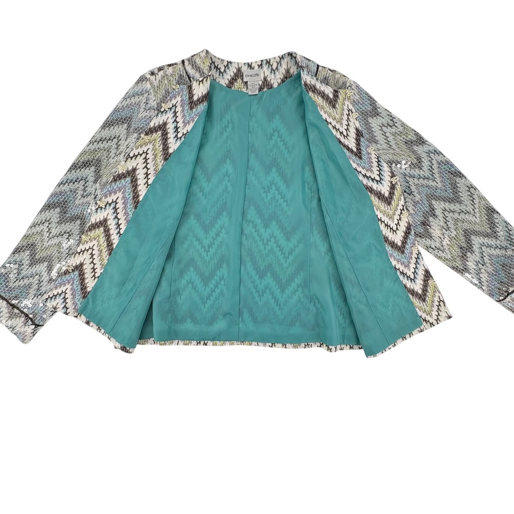 Chicos Sequin Chevron Zigzag Jacket Blue Green Me… - image 4